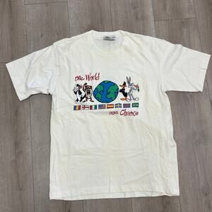 vintage 1990s Looney Tunes One World One Chance White Tee T Shirt Size Large L